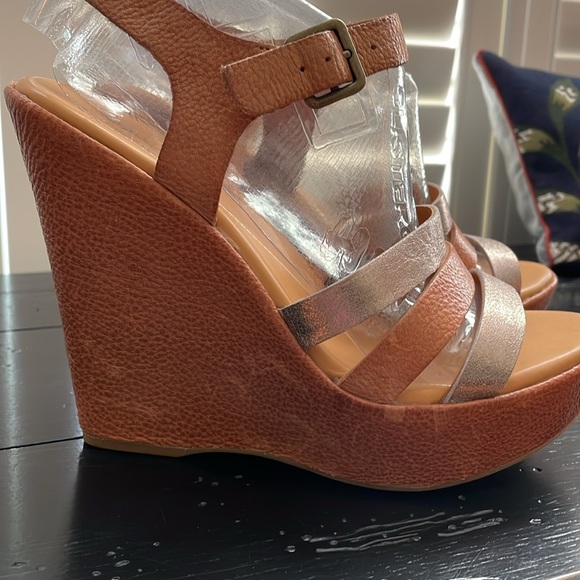 EUC Kork-Ease neutral tan and silver metallic strap high wedge sandals - Picture 2 of 12